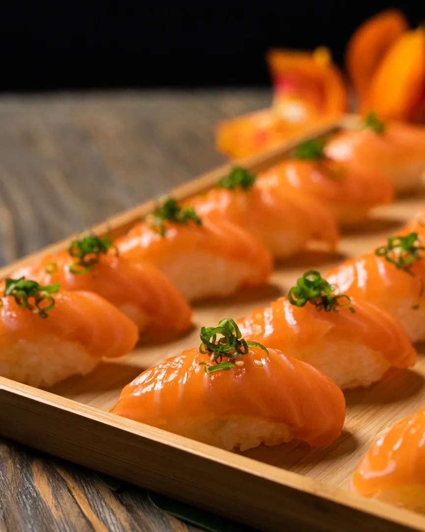 Tray of salmon nigiri prepared for a 3Fils catering order