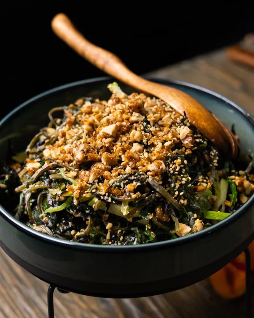 Seaweed salad topped with crushed walnuts and sesame, from the 3Fils catering menu